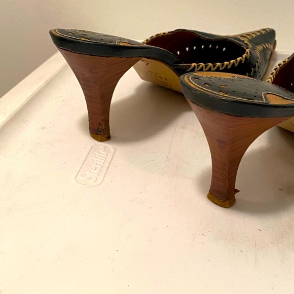 Pazzo Sexy Blue with beige stitching Leather Wood Slides 9 1/2 M - Picture 5 of 8